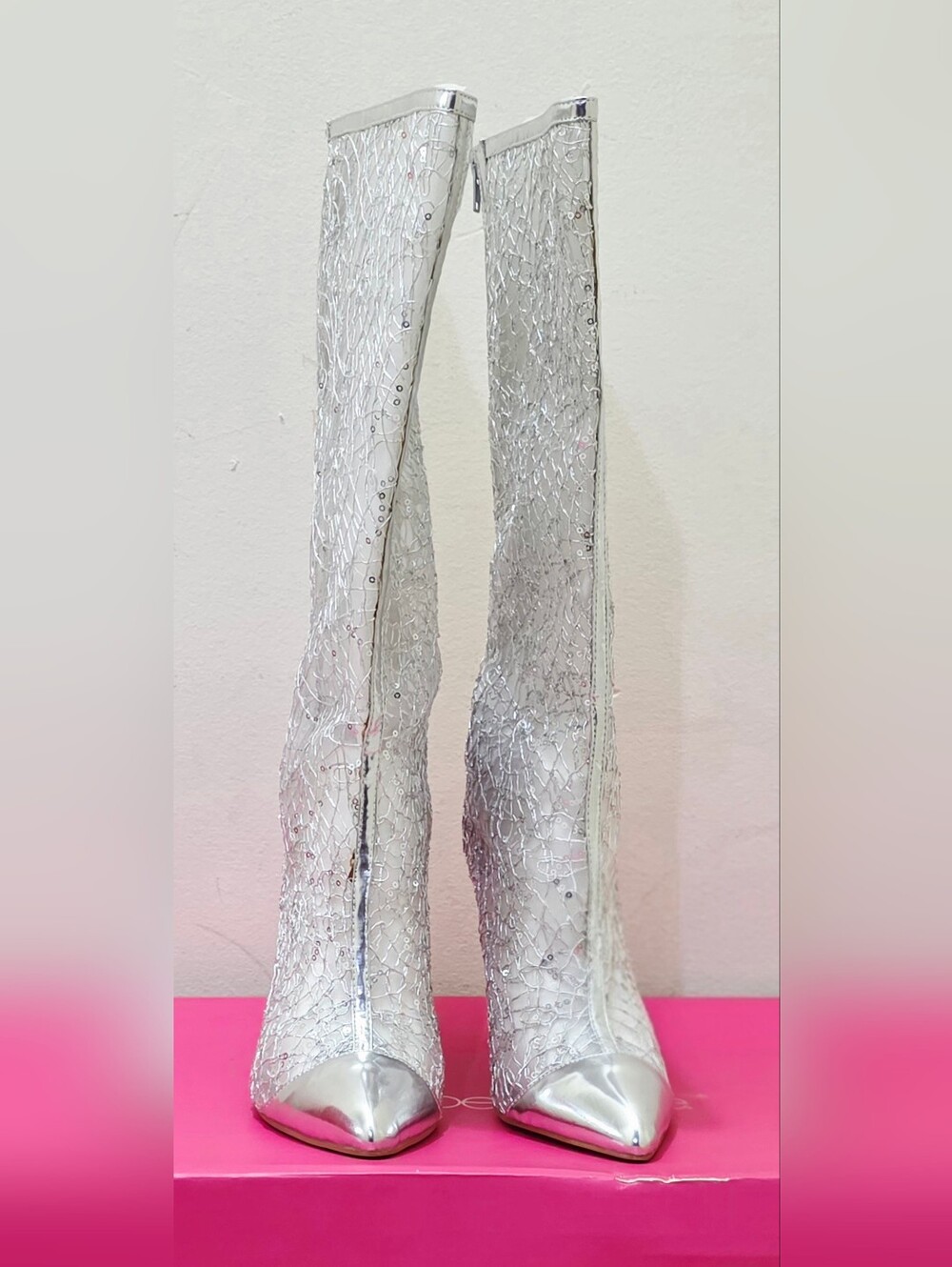 Brand New in Box Shoedazzle Boots - Silver Mailani high heel boots size 9.5